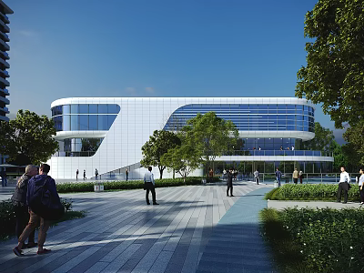 Modern Sales Office Building With Glass Curtain Walls Surrounding Trees And People Walking In Plaza 3d model