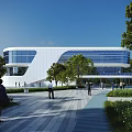 Modern Sales Office Building With Glass Curtain Walls Surrounding Trees And People Walking In Plaza