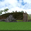 Scenic Natural Landscape With Lush Green Grass Small Hill Stone Staircase And Trees