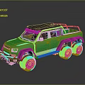 Green Six Wheel Pickup Truck With Off Road Style Black Roof Rack And Large Tires