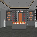 Specialty Store Interior With Bright Lighting Marble Floor Central Counter And Boxed Products On Shelves