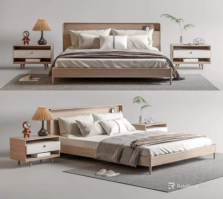 Modern Double Bed With Wooden Frame Nightstands Table Lamp Stuffed Toy Plant Cozy Bedding 3d model 