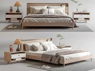 Modern Double Bed With Wooden Frame Nightstands Table Lamp Stuffed Toy Plant Cozy Bedding 3d model