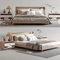 Modern Double Bed With Wooden Frame Nightstands Table Lamp Stuffed Toy Plant Cozy Bedding