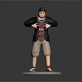 Man Wearing Cap Black Jacket Red T-Shirt Khaki Shorts Red White Shoes On Round Base