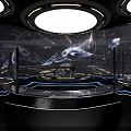 Modern Auto Showroom Display With Red Black Cars And Motorcycle On Circular Platform