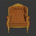 Elegant Orange Armchair with Gold Accents and Ornate Backrest Design