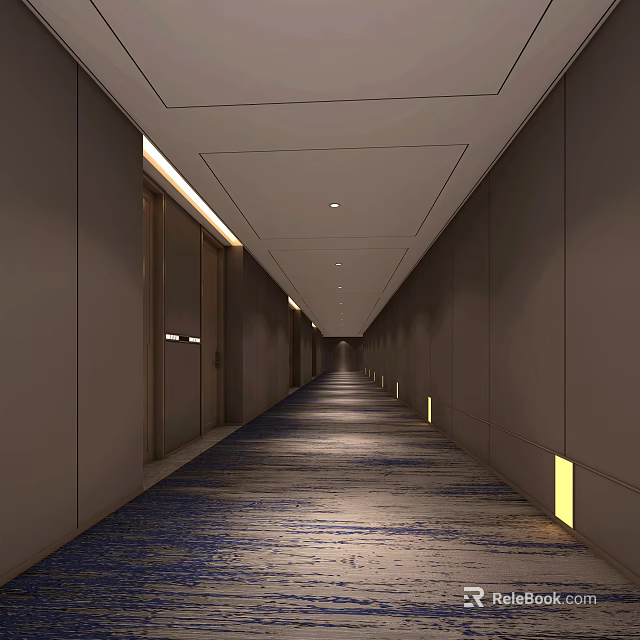 Modern Hotel Corridor with Gray Walls Recessed Lighting and Patterned Carpet Flooring Wooden Elevator Doors 3d model 