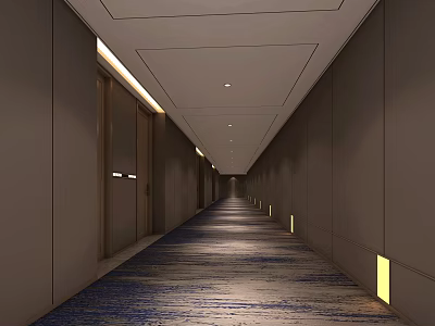 Modern Hotel Corridor with Gray Walls Recessed Lighting and Patterned Carpet Flooring Wooden Elevator Doors 3d model