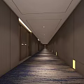 Modern Hotel Corridor with Gray Walls Recessed Lighting and Patterned Carpet Flooring Wooden Elevator Doors