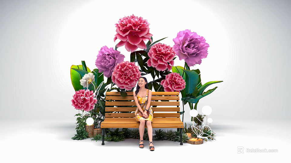 Photo Check in Spot with Bench Large Pink Purple Flowers Green Leaves and Decorative Lights 3d model 