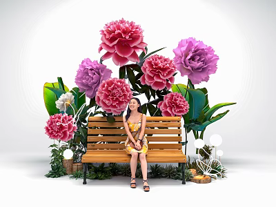 Photo Check in Spot with Bench Large Pink Purple Flowers Green Leaves and Decorative Lights 3d model