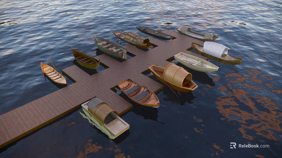 Various Traditional Wooden Boats Moored at Wooden Dock on Calm Water 3d model 