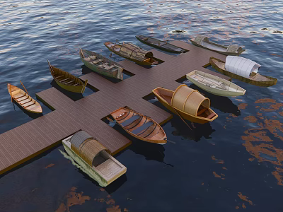 Various Traditional Wooden Boats Moored at Wooden Dock on Calm Water 3d model