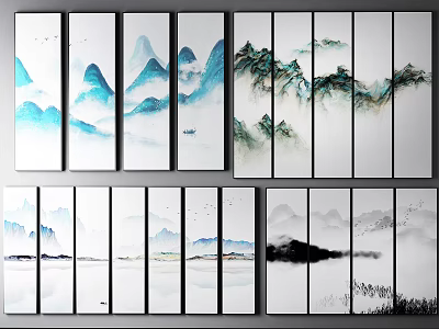 Chinese Landscape Paintings Multi Panel Wall Art With Blue Green Black Tones Mountains Clouds Water 3d model