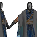 Game Movie Character In Traditional Robe With Blue Decorative Cloak And Two Angle Views