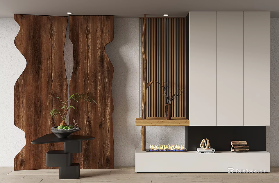 Stylish Entryway Cabinet And Sideboard With Wooden Wall Panels And Decorative Plants 3d model 