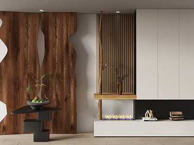 Stylish Entryway Cabinet And Sideboard With Wooden Wall Panels And Decorative Plants 3d model
