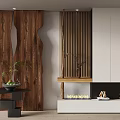 Stylish Entryway Cabinet And Sideboard With Wooden Wall Panels And Decorative Plants