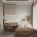 Minimalist Bedroom Interior With White And Beige Wardrobe Desk Bed Curtains And Paintings