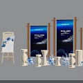 Elegant Floral Installation with Fresh Bouquets Wooden Stands Blue Backdrops and Vases