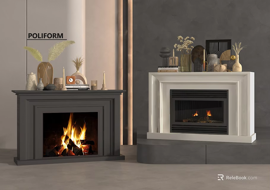 Modern Interior Featuring Dark And White Fireplaces With Burning Flames And Mantel Decor Items 3d model 