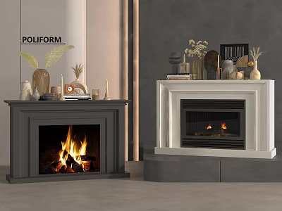 Modern Interior Featuring Dark And White Fireplaces With Burning Flames And Mantel Decor Items 3d model