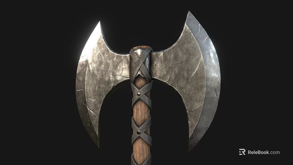 Medieval Weapon Double Bladed Axe With Metal Cracked Blades Wooden Handle And Cross Straps 3d model 