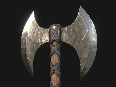 Medieval Weapon Double Bladed Axe With Metal Cracked Blades Wooden Handle And Cross Straps 3d model