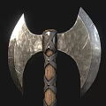 Medieval Weapon Double Bladed Axe With Metal Cracked Blades Wooden Handle And Cross Straps