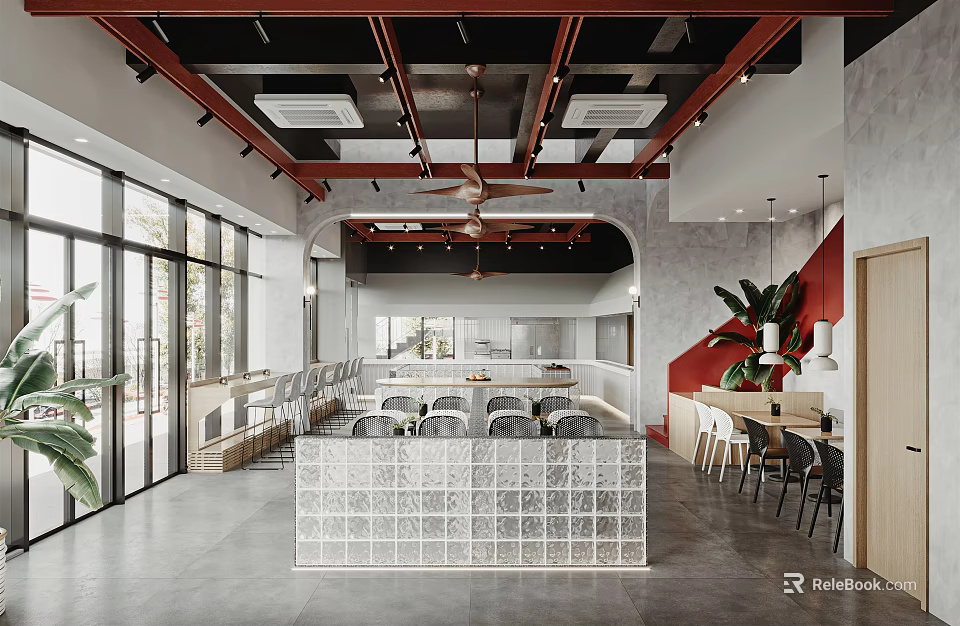 Modern Restaurant Interior Open Space With Red Beams Glass Block Wall Arched Design Dining Tables 3d model 
