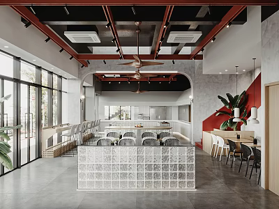 Modern Restaurant Interior Open Space With Red Beams Glass Block Wall Arched Design Dining Tables 3d model