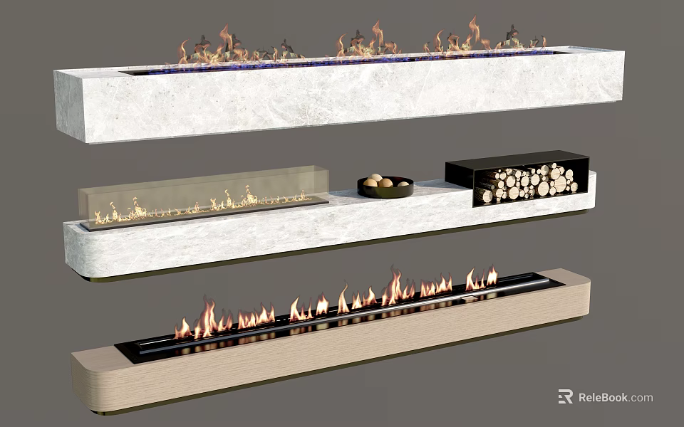 Modern Fireplace Designs With Marble Surfaces Flames And Wood Storage Shelves 3d model 