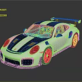 Silver Sports Car with Black Stripes Red Wheels and Black Rear Spoiler