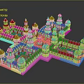 Palace Style Architectural Model Featuring Red Domes Yellow Walls And Green Courtyards