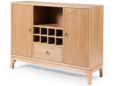 Natural Light Wood Sideboard With Cabinet Doors Open Grid Compartment Drawer And Slender Legs 3d model