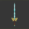 Fantasy Sword With Blue Blade Golden Wing Hilt Red Handle And Blue Gemstone Decoration