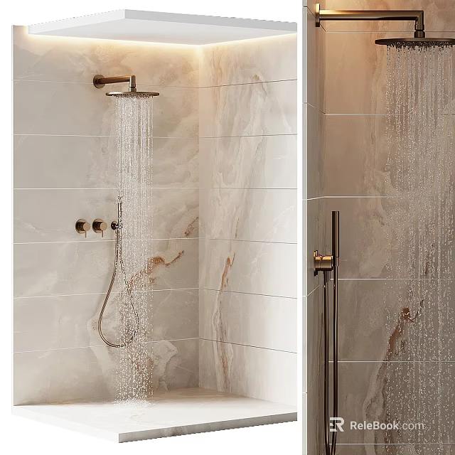 Modern Shower Sauna Interior With Marble Walls Brass Fixtures And Water Flow 3d model 