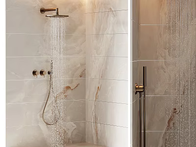 Modern Shower Sauna Interior With Marble Walls Brass Fixtures And Water Flow 3d model