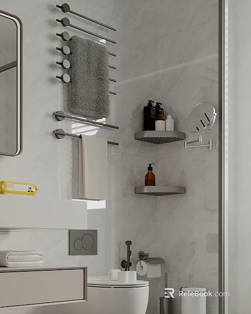 Modern Bathroom Set With Towel Rack Shelf Mirror And Toiletries 3d model 