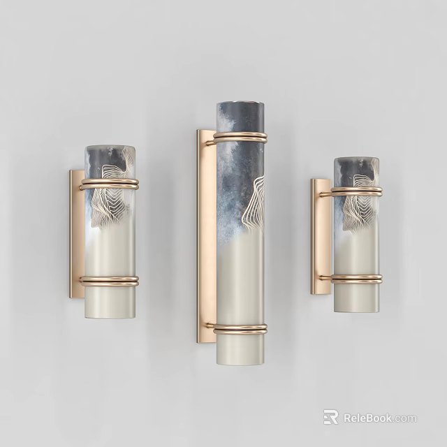 Three Modern Wall Sconces With Metallic Frame And Decorative Gradient Glass Shade Design 3d model