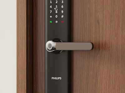 Philips Smart Keypad Lock With Handle Installed On Wooden Door Surface 3d model
