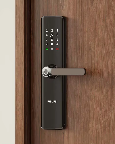 Philips Smart Keypad Lock With Handle Installed On Wooden Door Surface 3d model