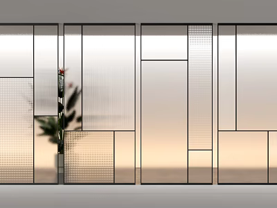 Modern Glass Room Partition With Frosted Panels Black Frame And Decorative Plant Design 3d model