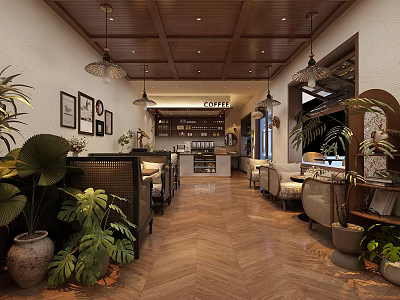 Cozy Café Interior With Wooden Ceiling Hanging Lights Coffee Bar Green Plants And Herringbone Floor 3d model