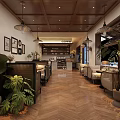 Cozy Café Interior With Wooden Ceiling Hanging Lights Coffee Bar Green Plants And Herringbone Floor