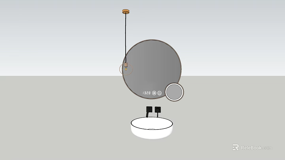Modern Minimalist White Washbasin with Round Mirror and Hanging Light Fixture 3d model 