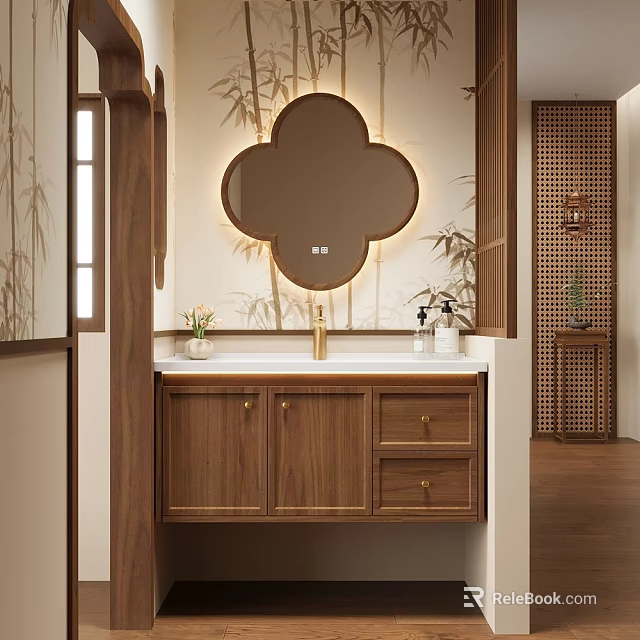Chinese Style Wooden Bathroom Vanity With Clover Shaped Mirror And LED Light 3d model 