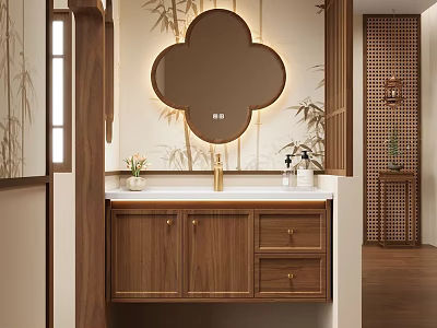 Chinese Style Wooden Bathroom Vanity With Clover Shaped Mirror And LED Light 3d model