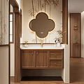 Chinese Style Wooden Bathroom Vanity With Clover Shaped Mirror And LED Light